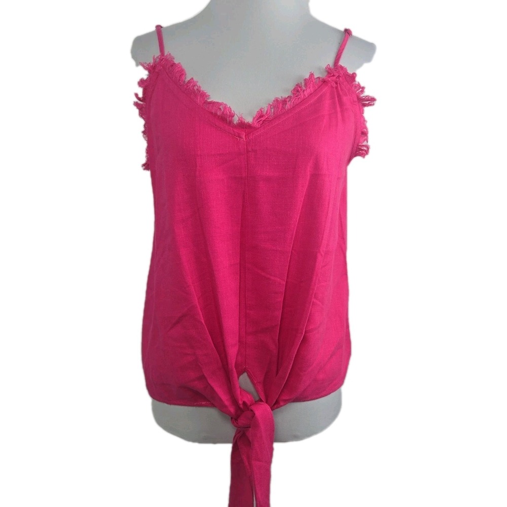 UMGEE Women's L Hot Pink Spaghetti Strap Frayed Tie-Front Tank Top Linen Blend